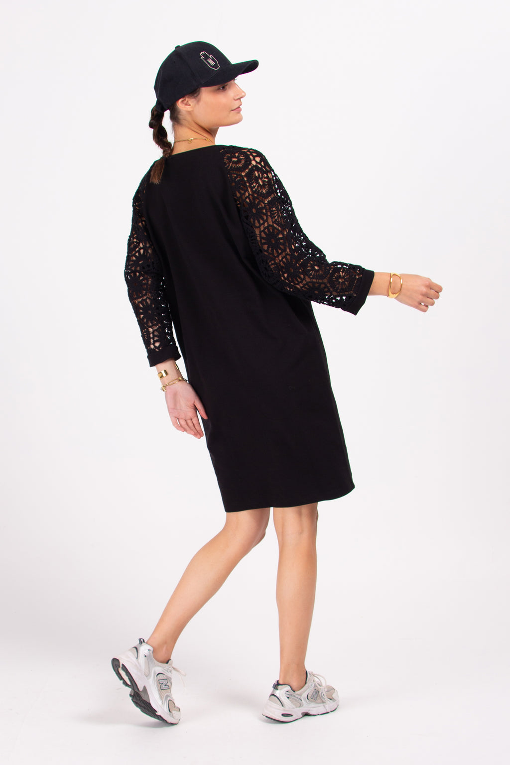 Dastra black dress with crochet sleeves