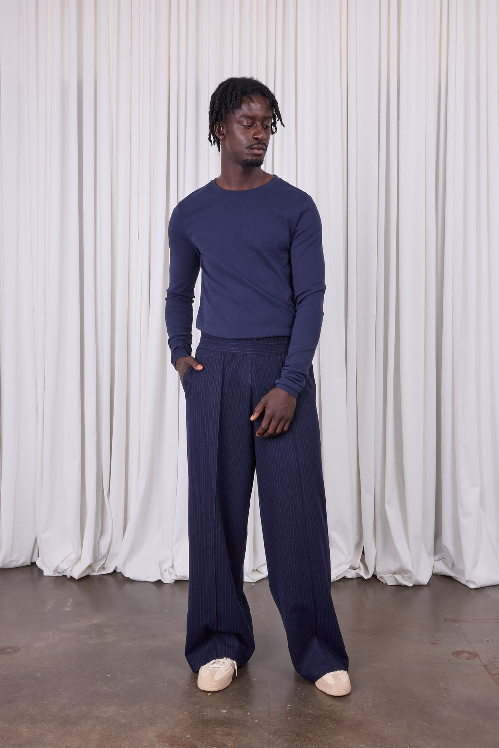 Egon navy pinstripe trousers