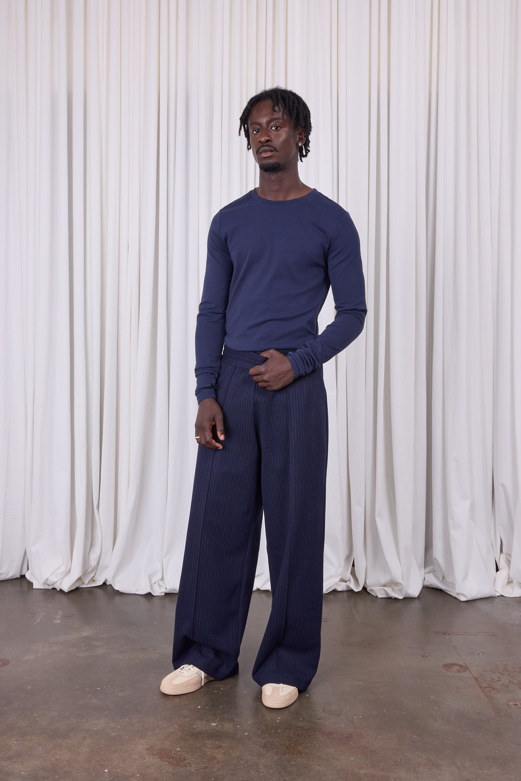 Egon navy pinstripe trousers