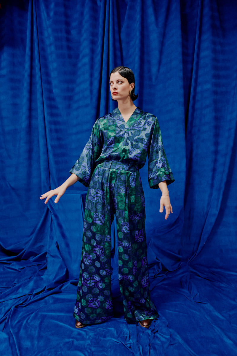 Clinton palazzo trousers in green blue leaves