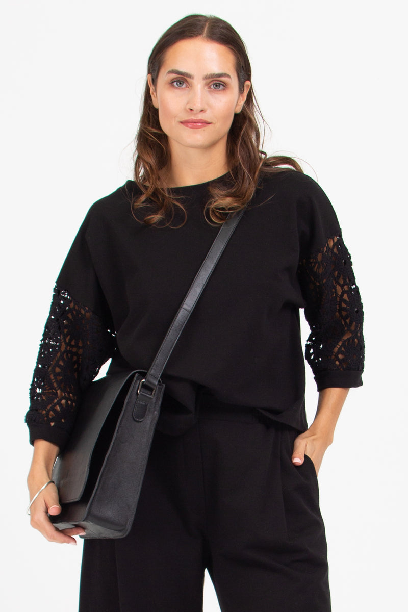 Diana black sweater with crochet sleeves