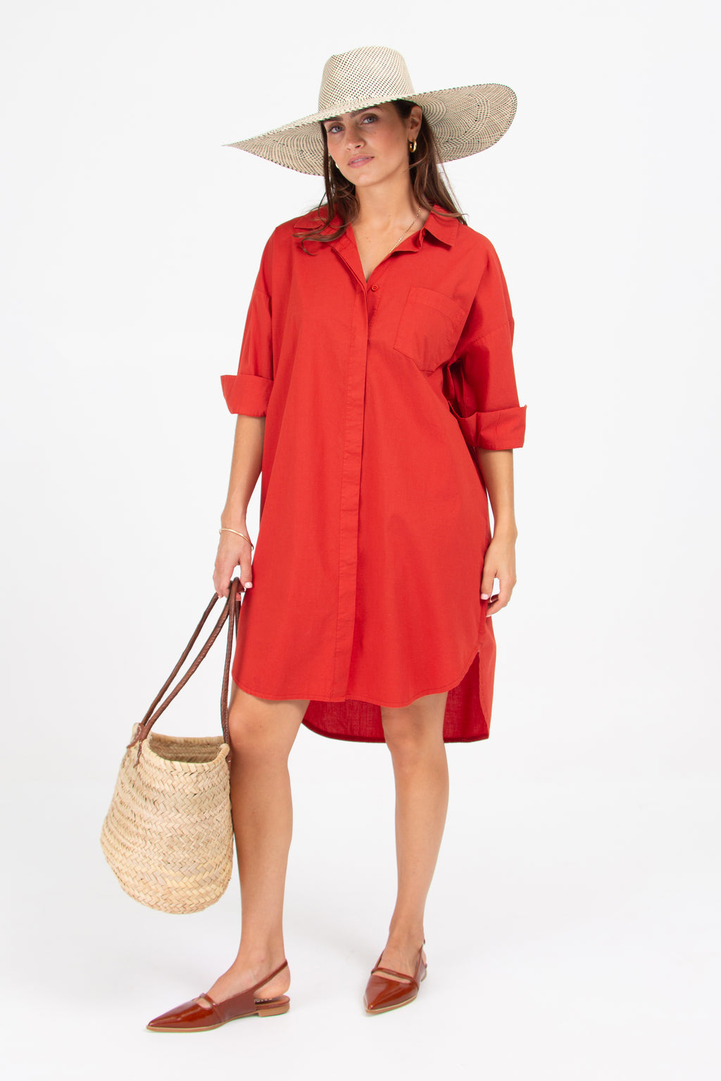 Duran tomato red popeline shirt dress