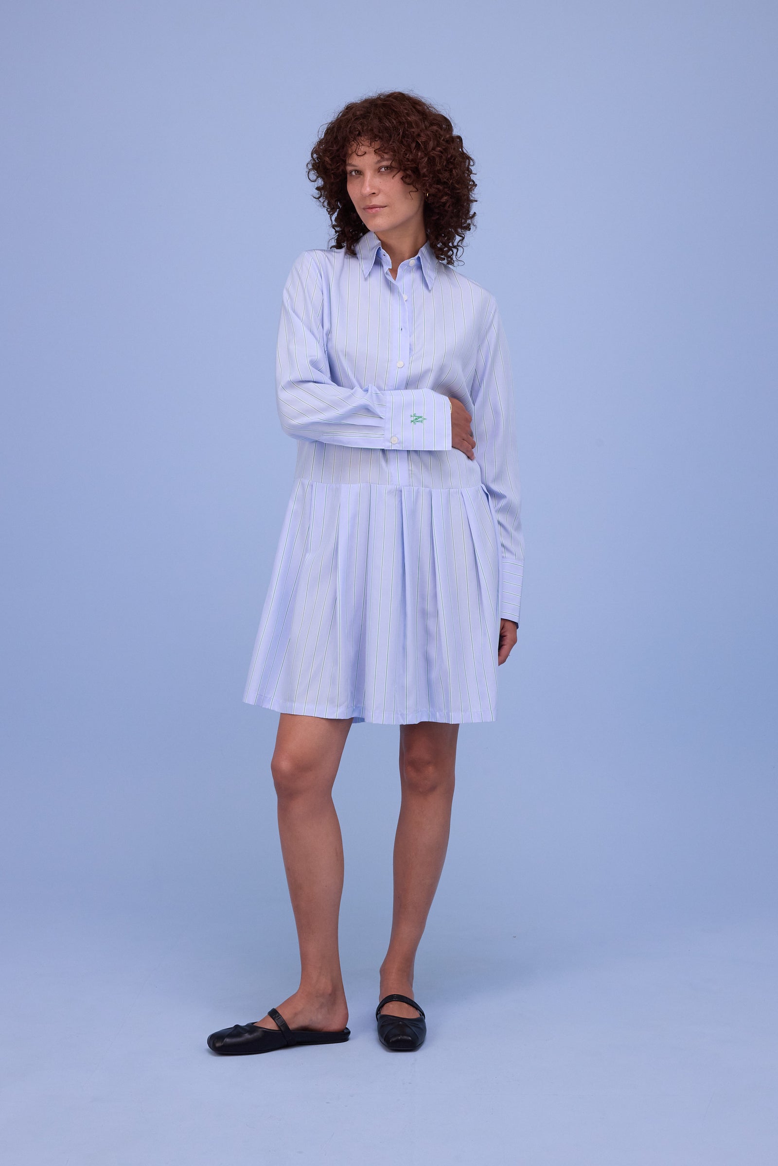 Gabe dress in blue/green stripes