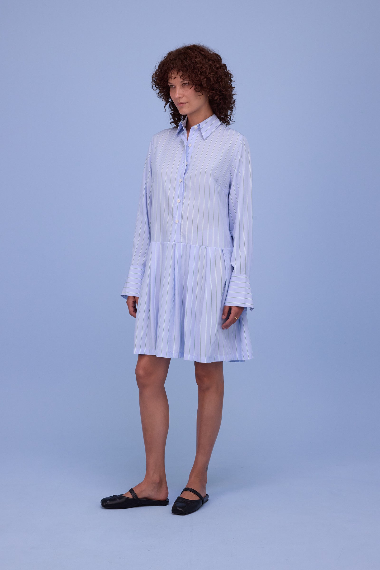 Gabe dress in blue/green stripes