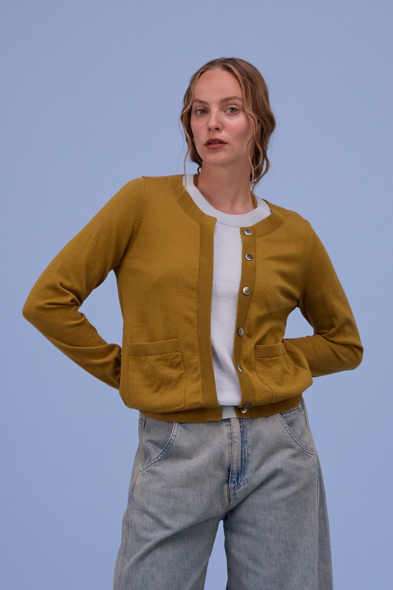 Hanoi semi-cardigan in mustard/springwater