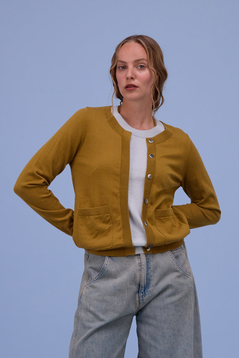Hanoi semi-cardigan in mustard/springwater