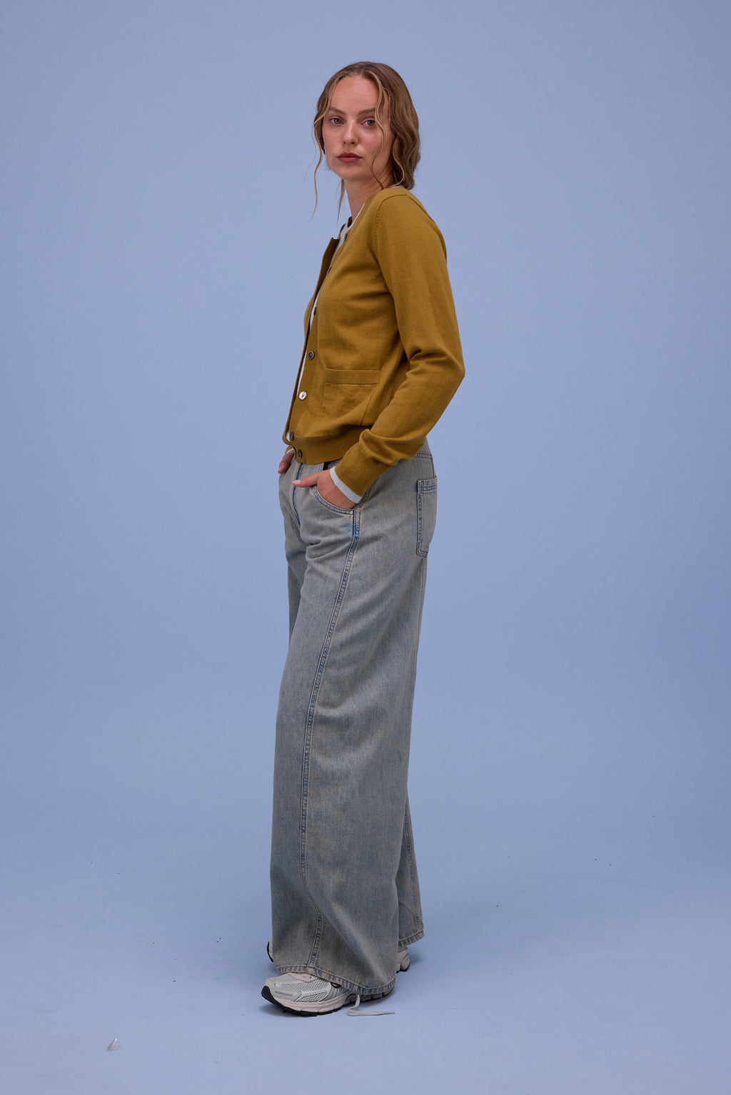 Hanoi semi-cardigan in mustard/springwater