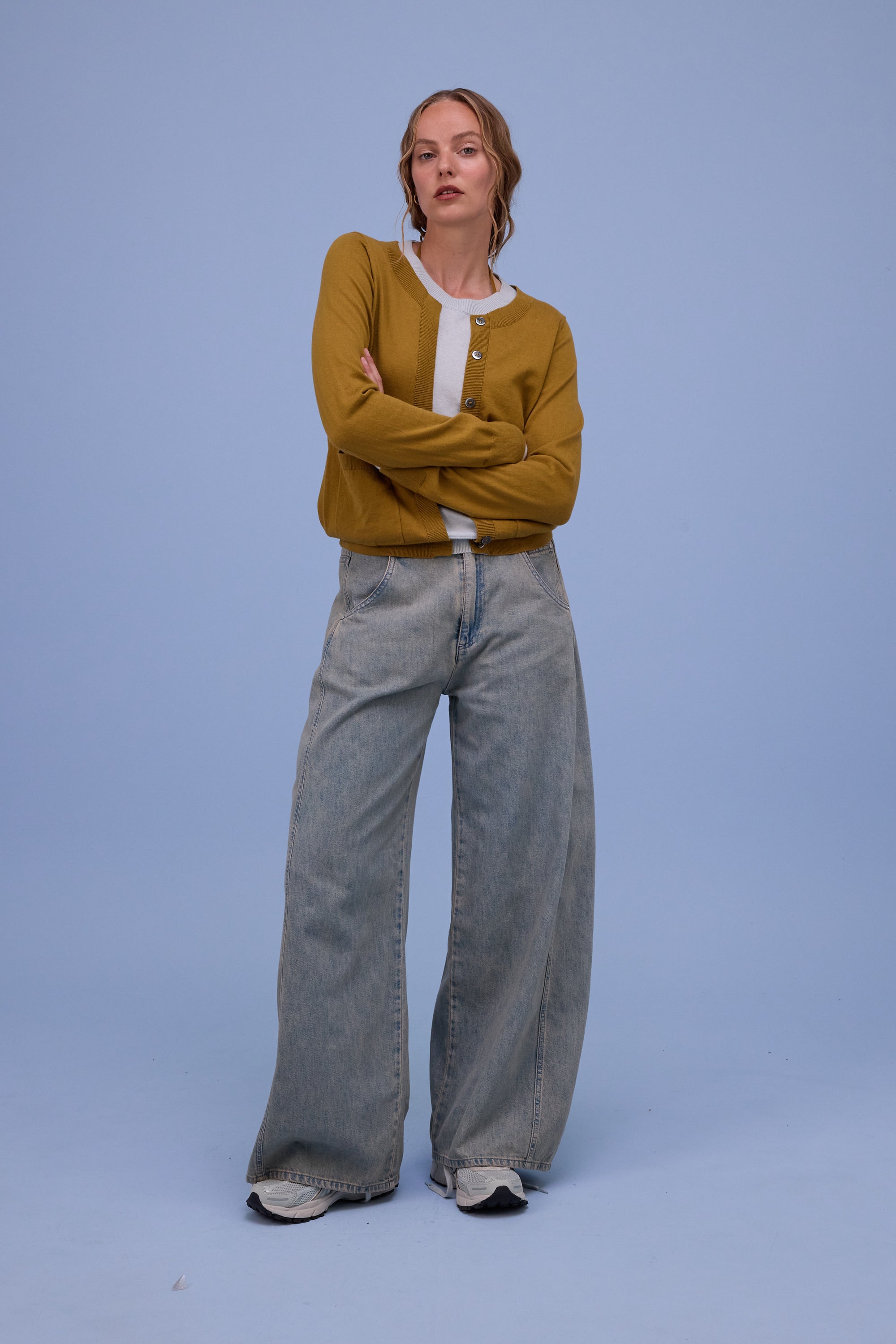 Hanoi semi-cardigan in mustard/springwater