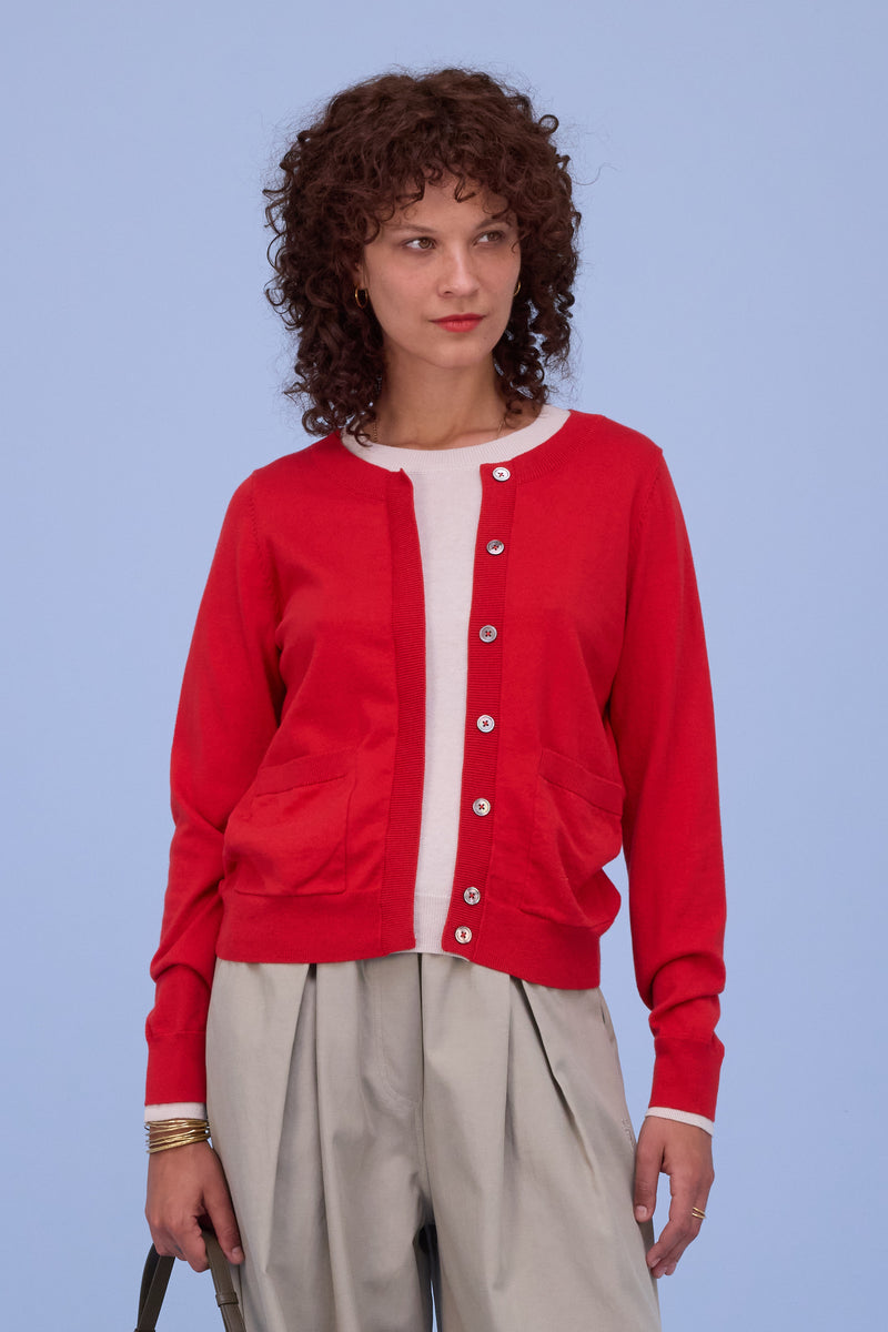 Hanoi semi-cardigan in coral red/almond
