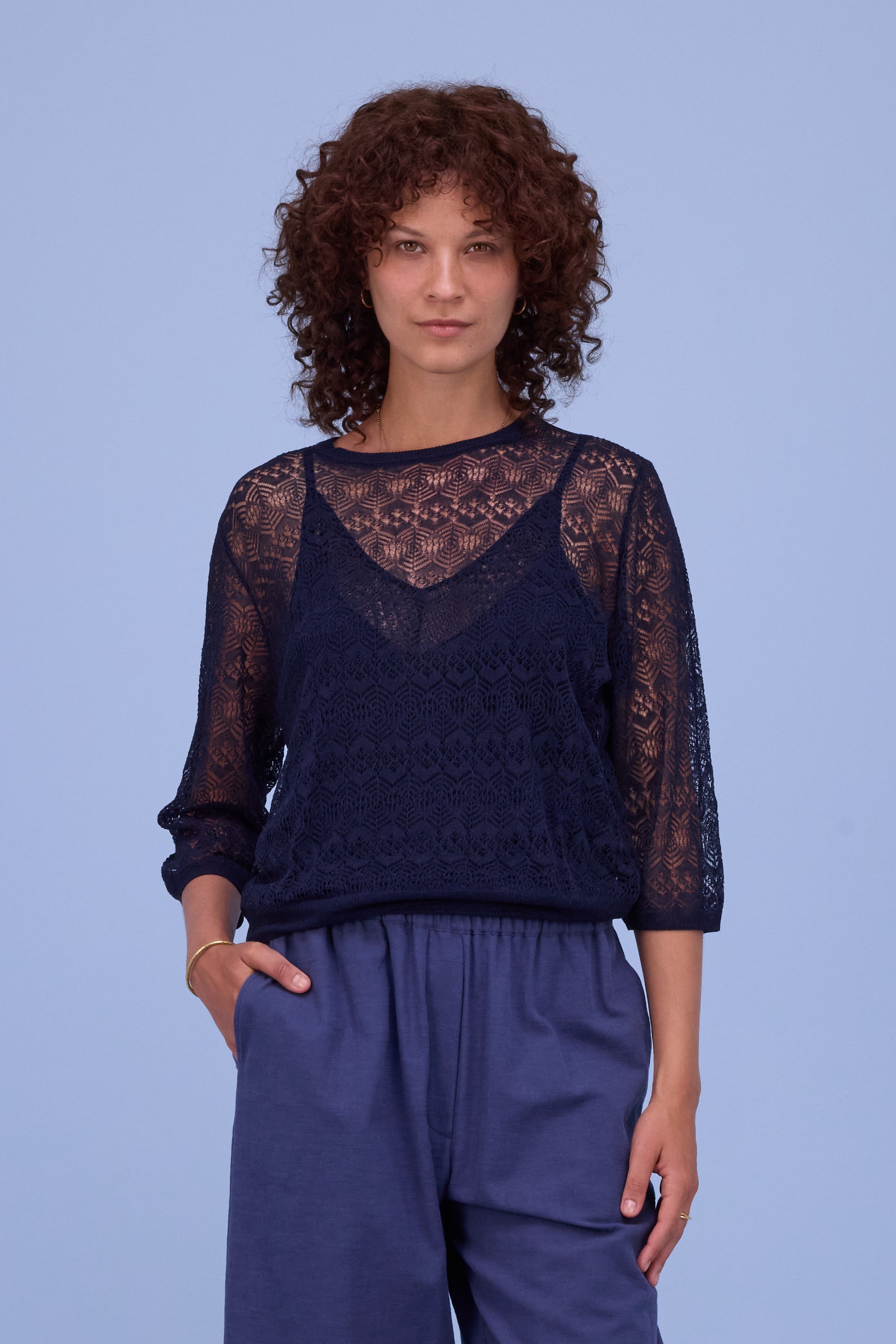 Hekinan lace jumper in dark navy