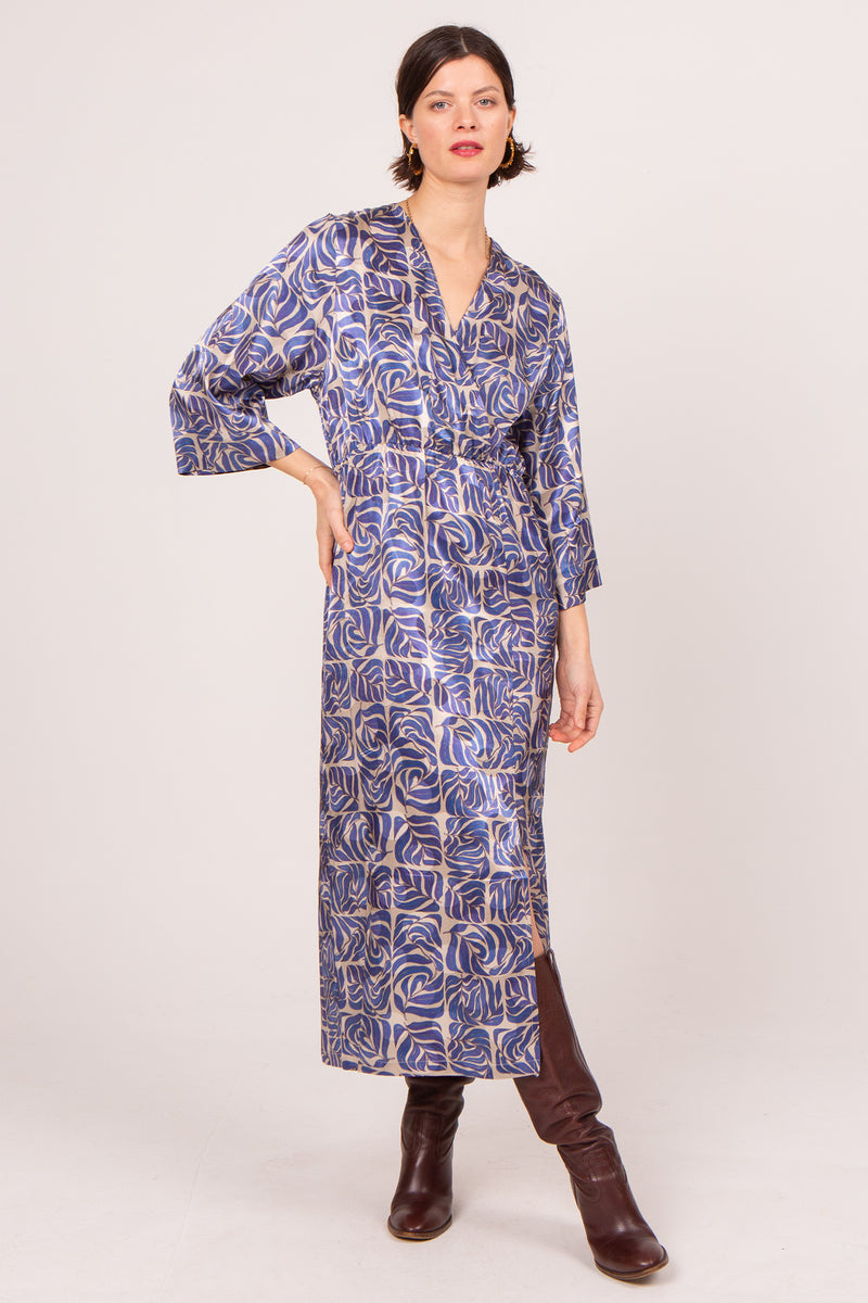 Alexis dress in sand blue leaves