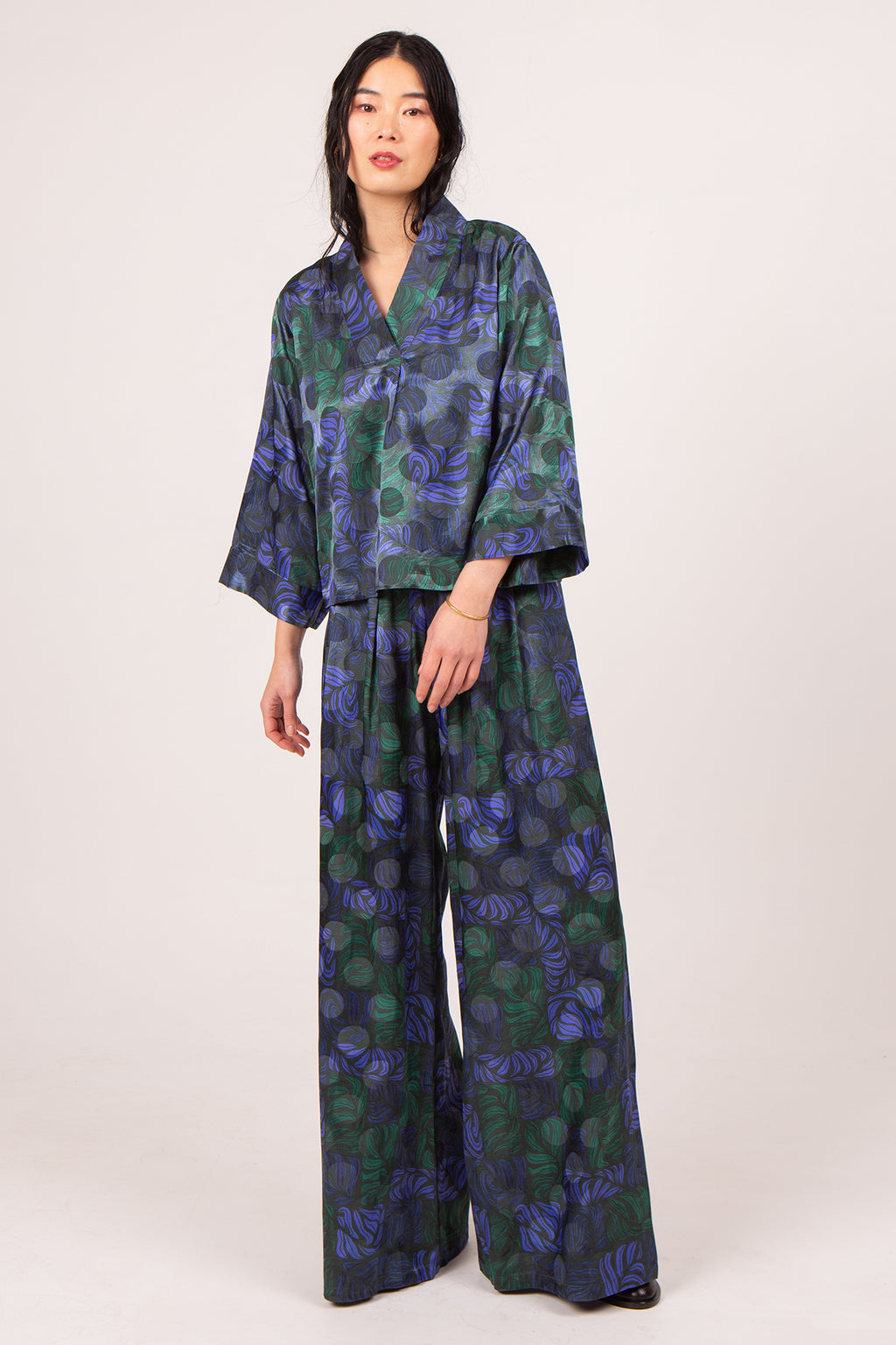 Clinton palazzo trousers in green blue leaves