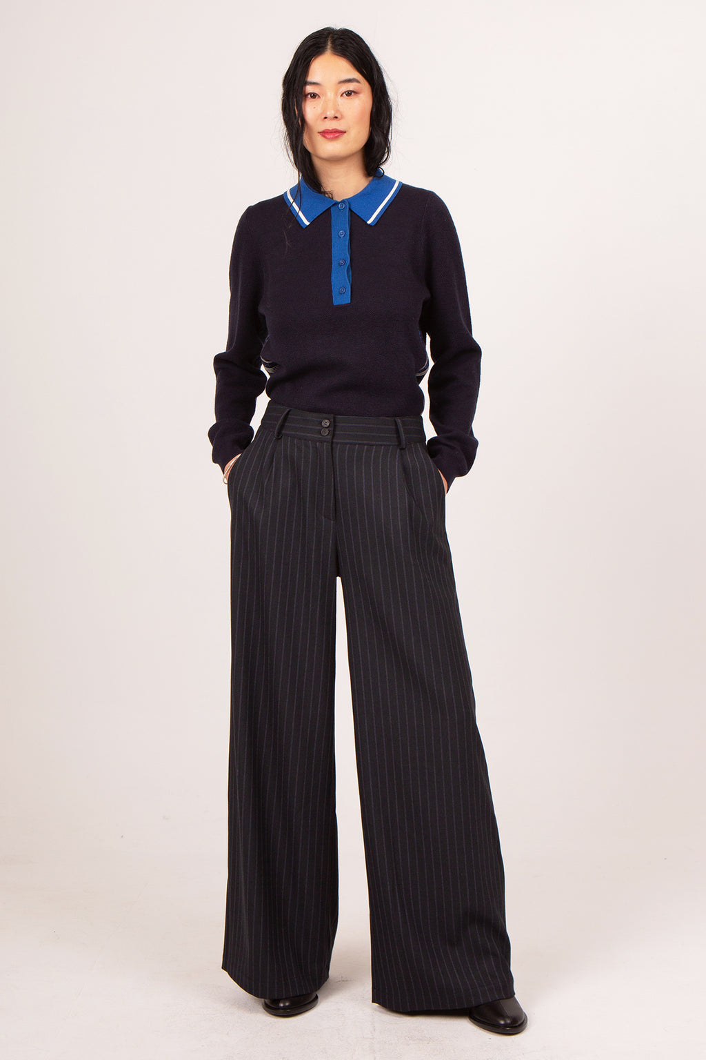 Zoella blue pinstriped trousers
