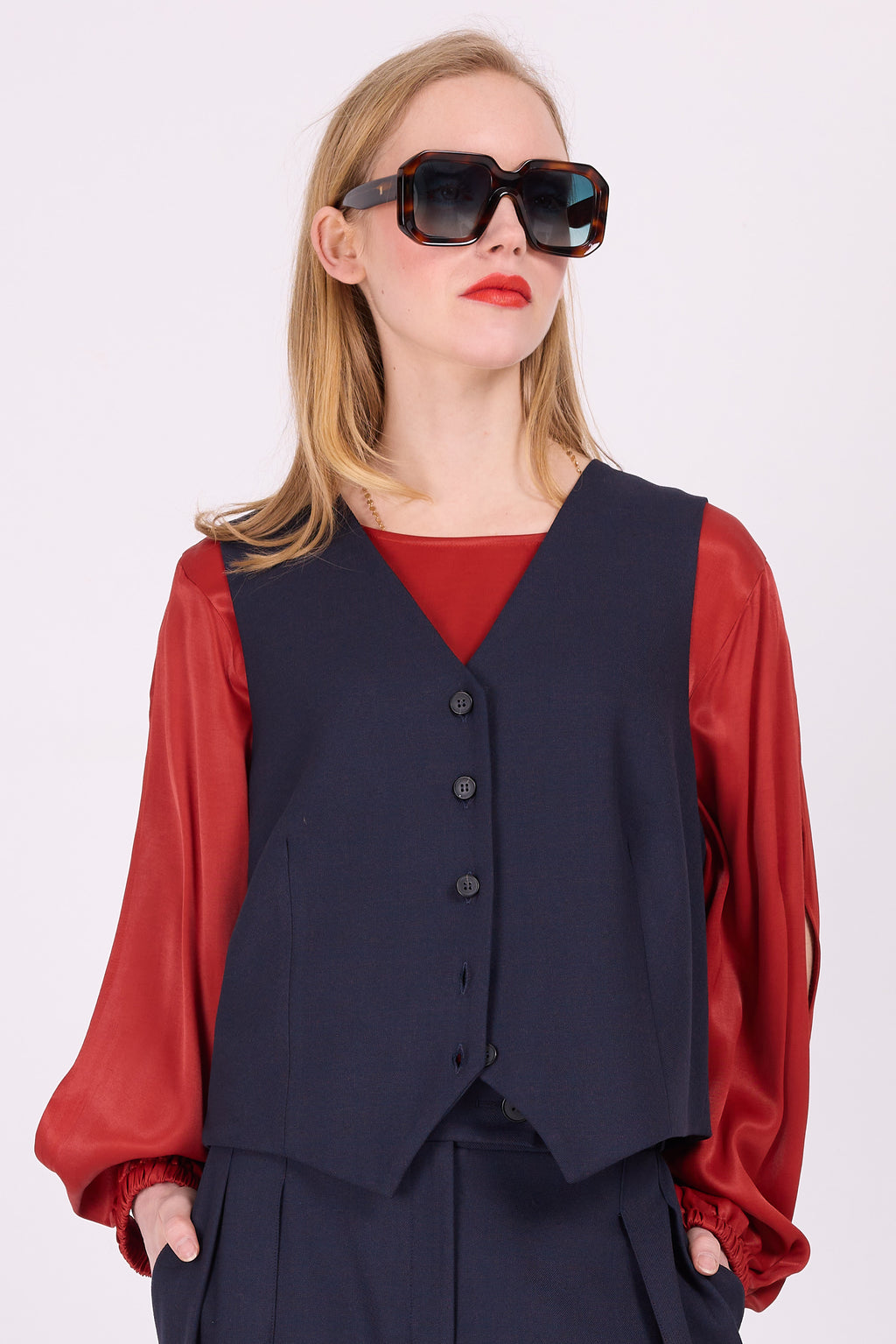 Edith blue waistcoat with red speckle