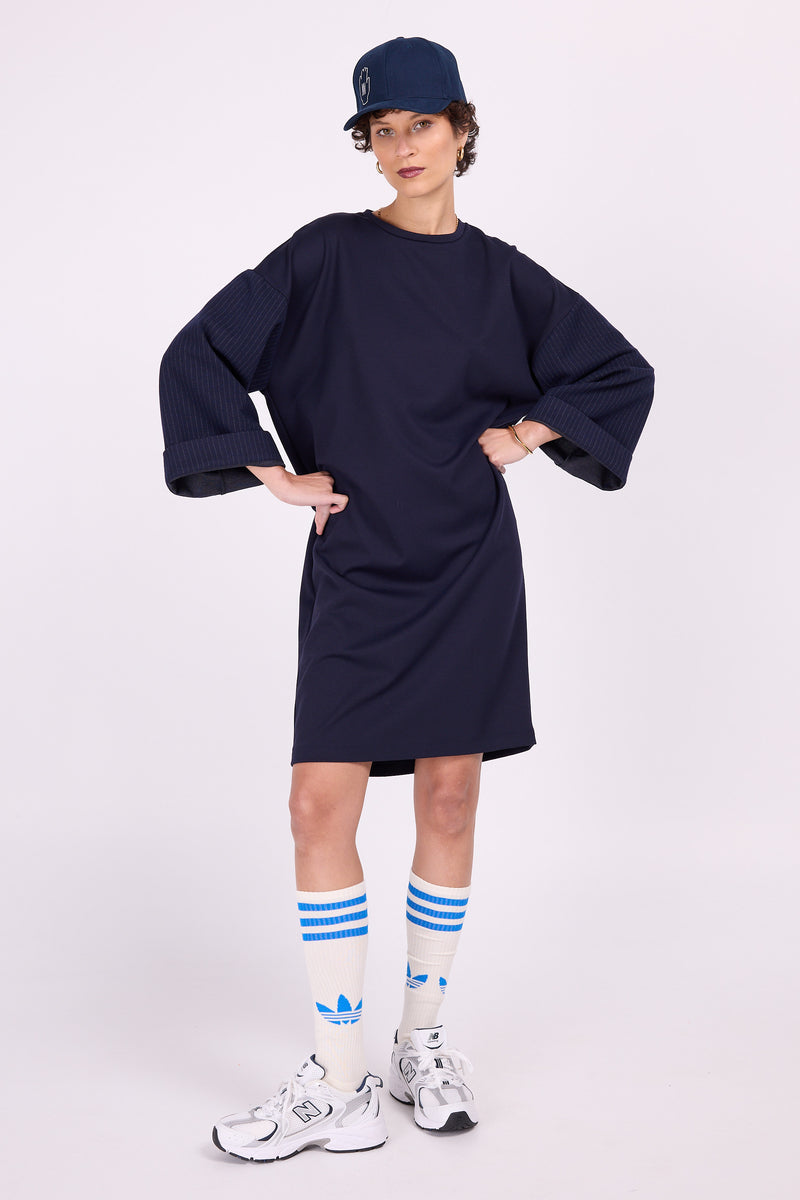 Elona navy dress with pinstriped sleeves