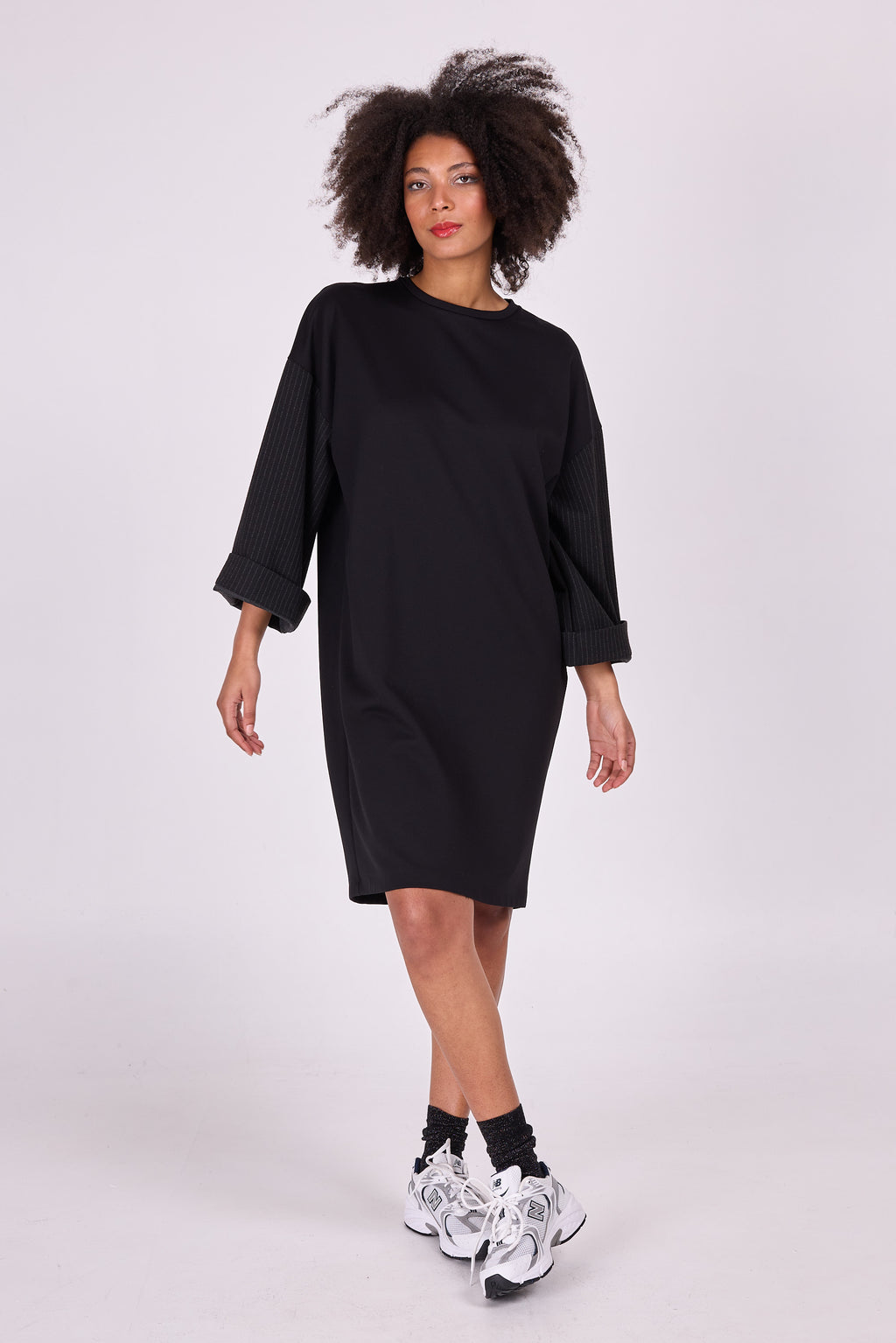 Elona black dress with pinstriped sleeves