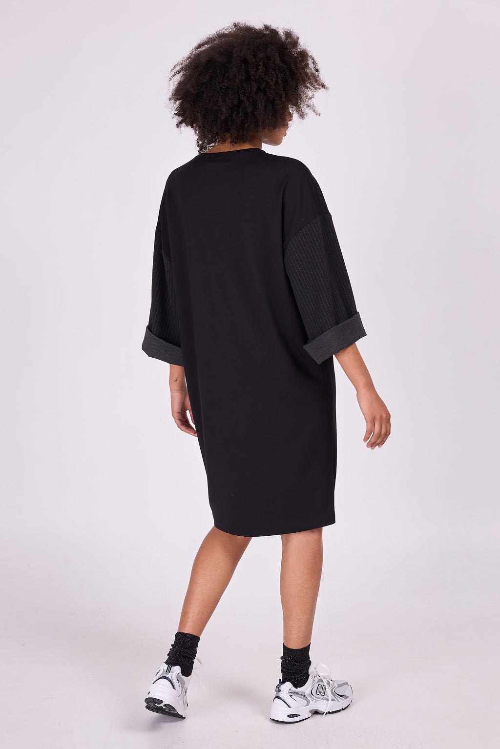 Elona black dress with pinstriped sleeves