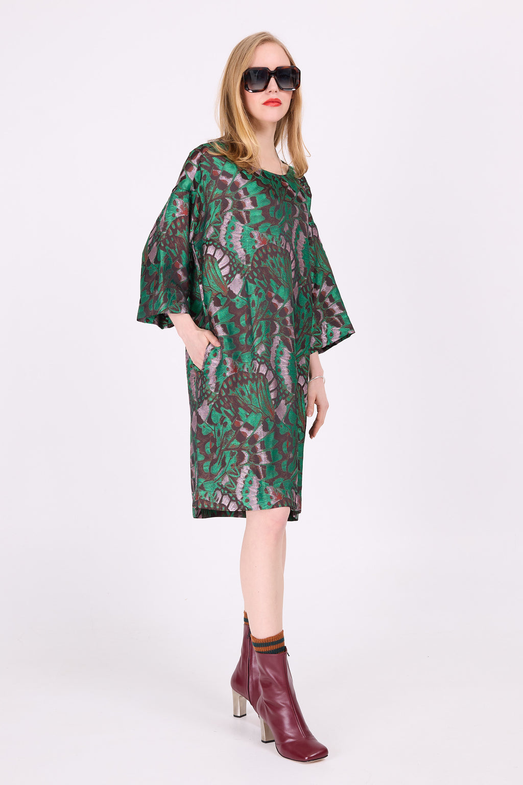 Eliana dress in green butterfly jacquard