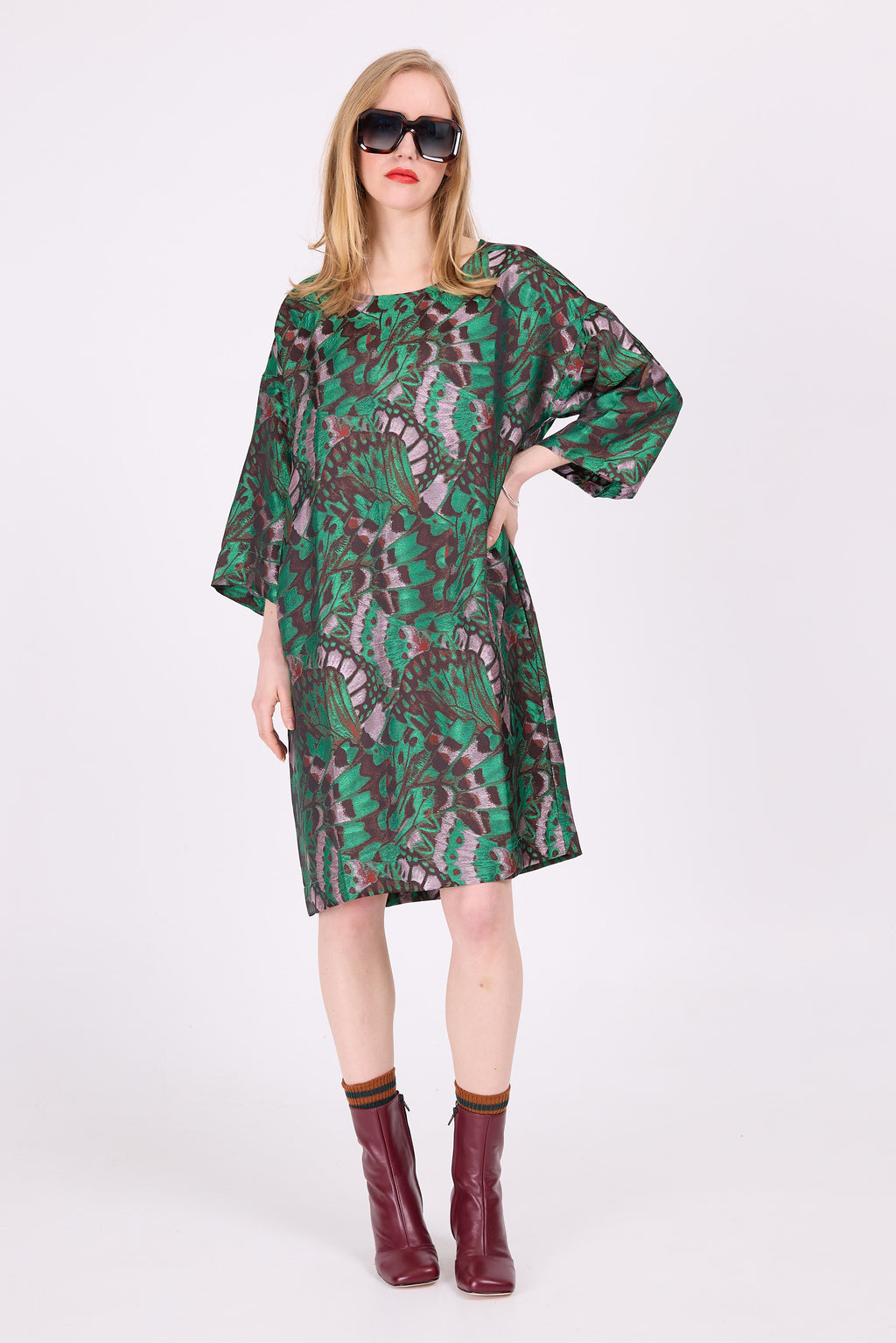 Eliana jurk in groene vlinderjacquard