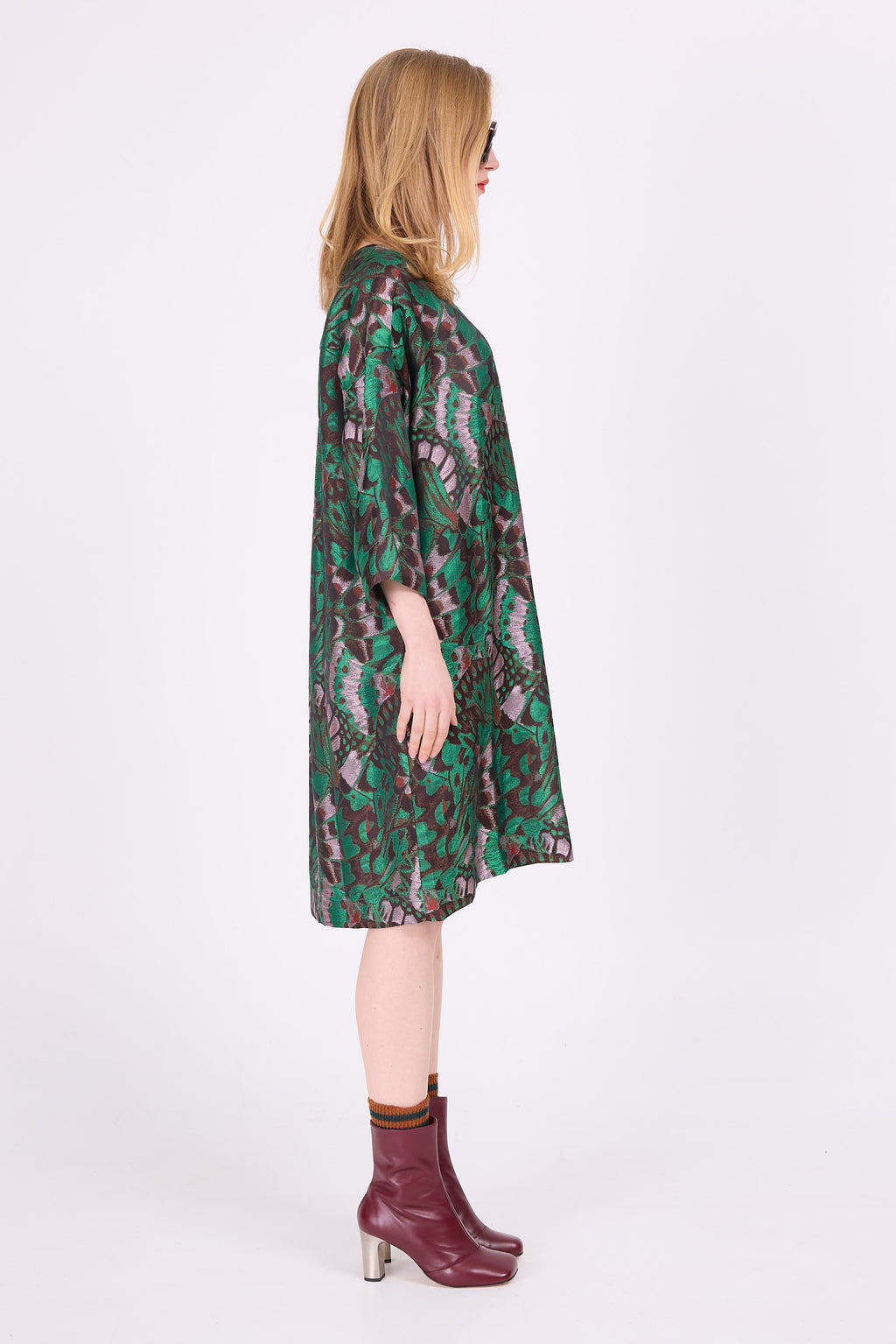 Eliana dress in green butterfly jacquard