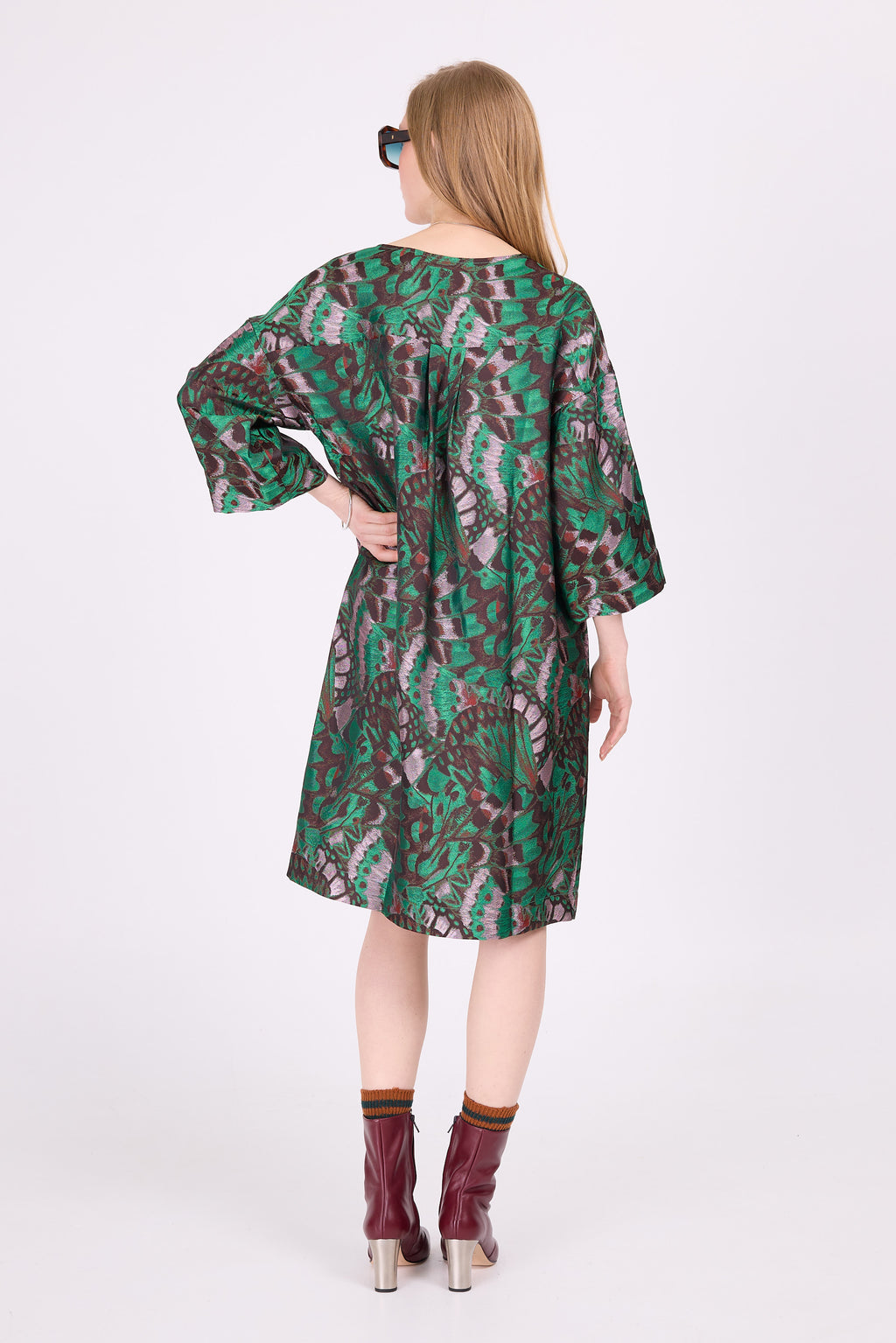 Eliana dress in green butterfly jacquard