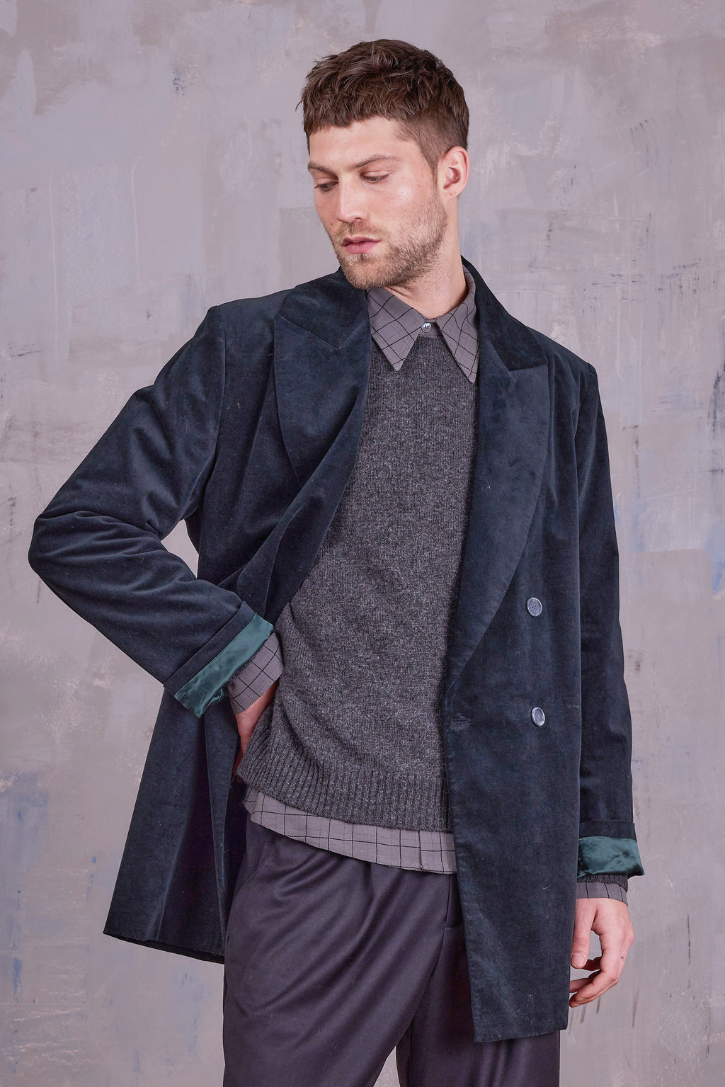 Gaspar formal coat in black forest velvet