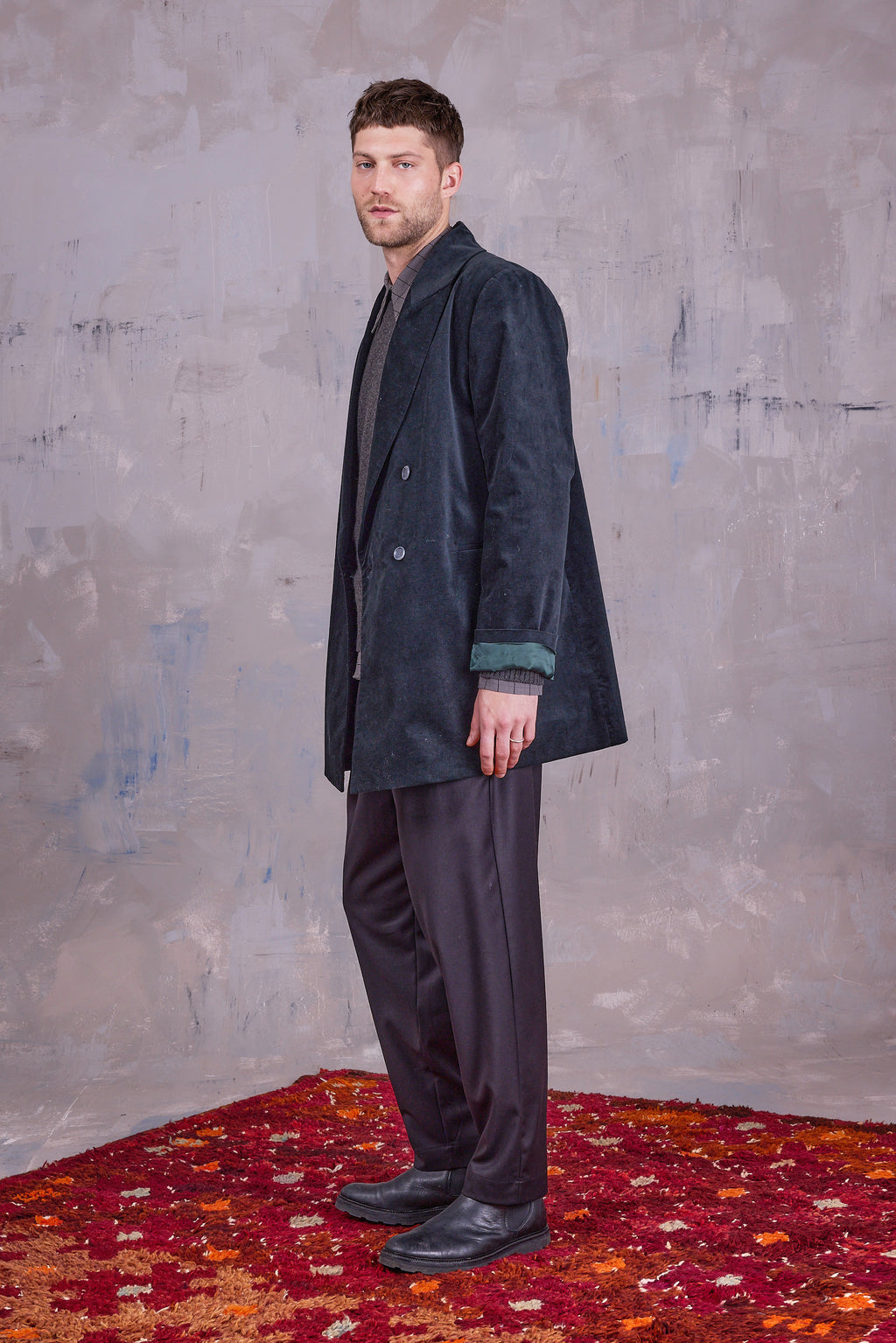 Gaspar formal coat in black forest velvet