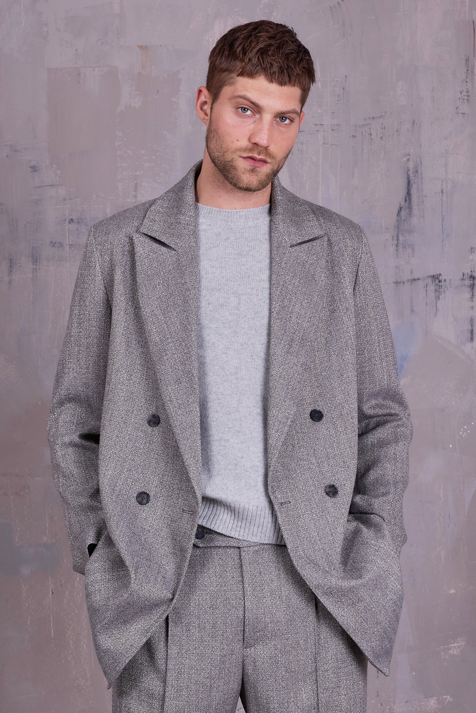 Gaspar formal coat in grey herringbone