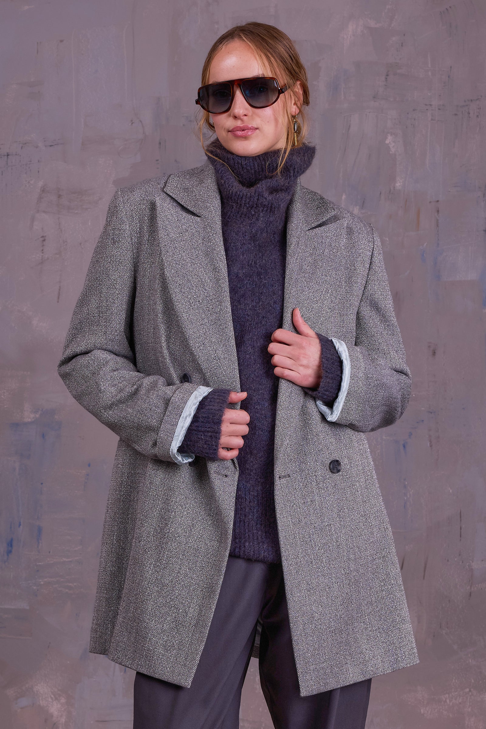 Gaspar formal coat in grey herringbone