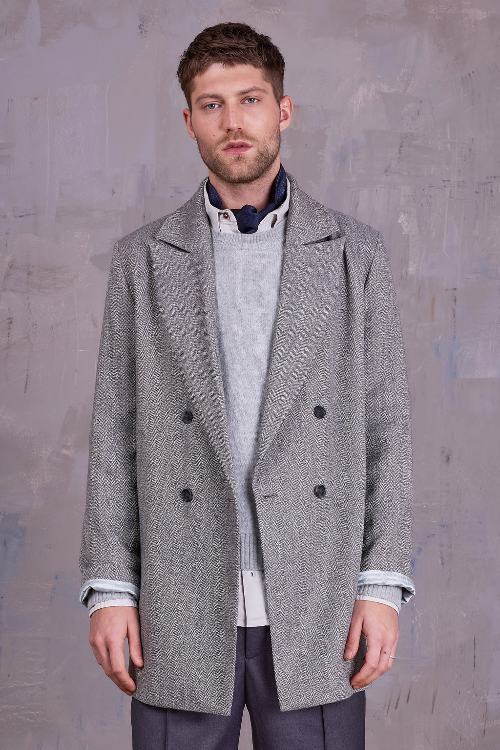 Gaspar formal coat in grey herringbone