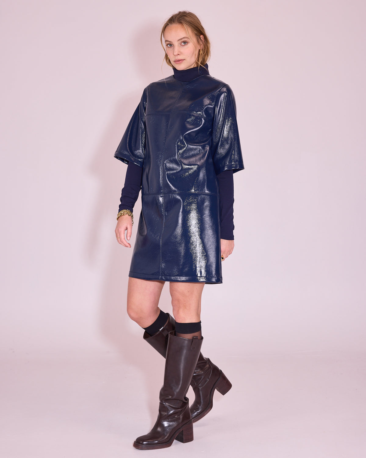 Jolene dress in academy blue faux leather