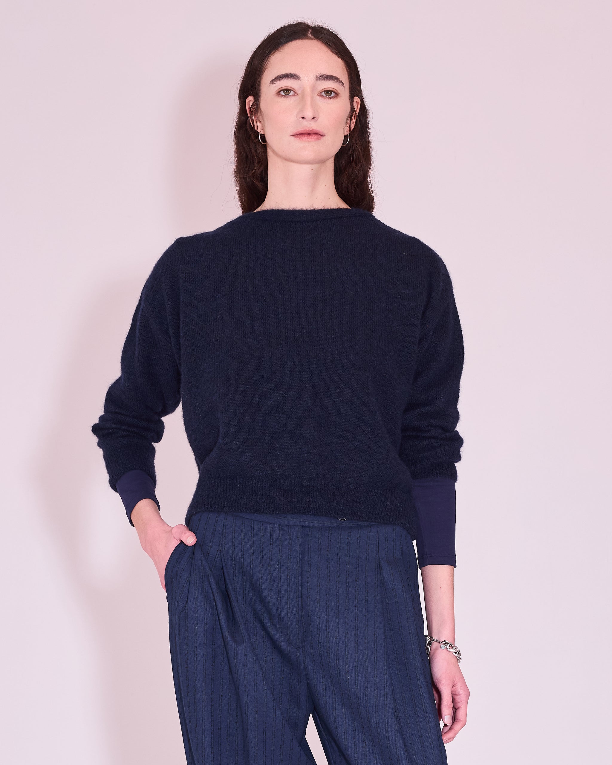 Janabaai wrap sweater in midnight blue