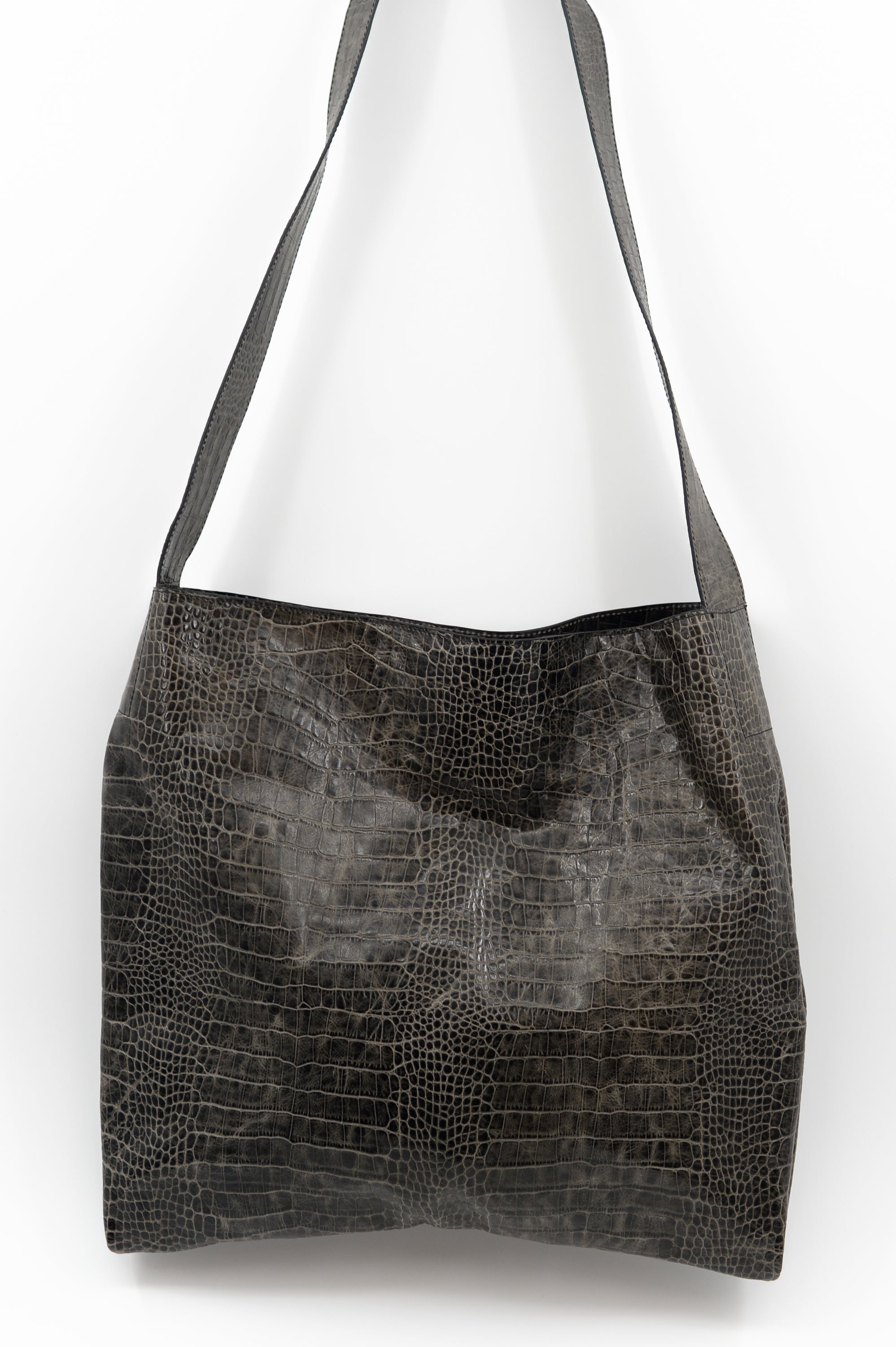 Große Crossbody-Handtasche in Kroko-Schwarz-Oliv